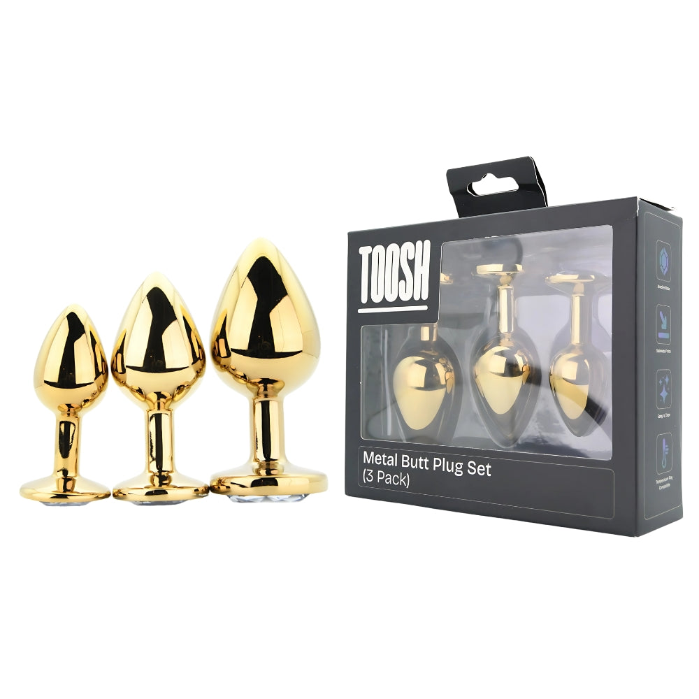 Toosh Metal Butt Plug Gold Set of 3 Clear Stone